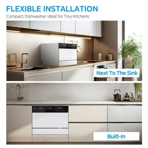Top Shelf Countertop Dishwasher With Eight Smart Cycles And Six Place Settings Handles Busy Nights Like A Charm Energy Star Certified Portable Appliance Tailored For Dorms RVs And Apartments Crisp White, shown installed next to sink and as built-in.