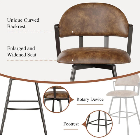 26 Inch Bar Stool Set Of 3 Modern Sleek Swivel Counter Height Chairs With Backrests And Metal Legs Faux Leather Upholstered Barstools