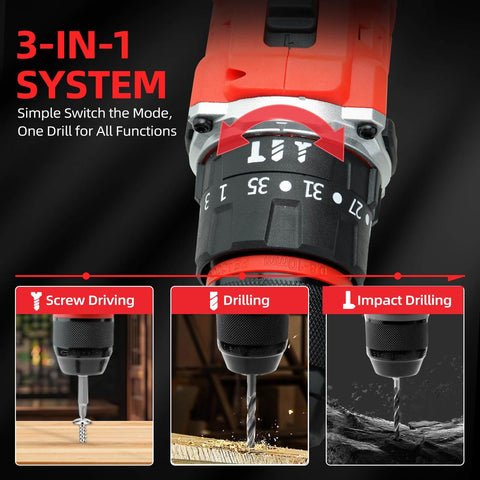 3-in-1 system of Cordless Drill Set For Makita 18V Battery Compatible, 1500 RPM Brushless Motor, Three Eighths Inch Chuck