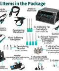 Pro Grade All In One Micro Soldering Station With 1000W Hot Air Rework Desoldering System items layout, including tools and accessories