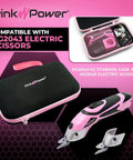 Pink Power Electric Fabric Scissors Box Cutter For Crafts Sewing Cardboard Carpet Scrapbooking Heavy Duty Professional Cordless Cutting Tool With Lithium Battery Charging Station And Storage Case Best Snip, black storage case and scissors.
