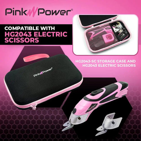 Pink Power Electric Fabric Scissors Box Cutter For Crafts Sewing Cardboard Carpet Scrapbooking Heavy Duty Professional Cordless Cutting Tool With Lithium Battery Charging Station And Storage Case Best Snip, black storage case and scissors.