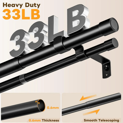Double Curtain Rod Set 42 to 122 Inches, 1 Inch Telescoping Rods for Windows, Matte Black Finish, 33 lb capacity detail
