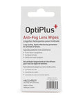 Front view of OptiPlus Anti-Fog Lens Wipes box, white packaging with black and red text, 30-count, Hilco Vision branding