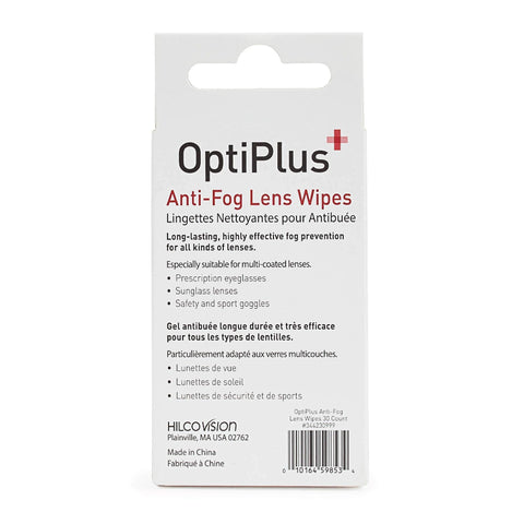 Front view of OptiPlus Anti-Fog Lens Wipes box, white packaging with black and red text, 30-count, Hilco Vision branding