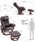 Swivel Recliner With Ottoman And Vibration Massage, Faux Leather TV Chair For Small Spaces, RV, Living Room Or Bedroom, Dark Brown, Ergonomic Back Support And Plush Headrest with dimensions and recommended height