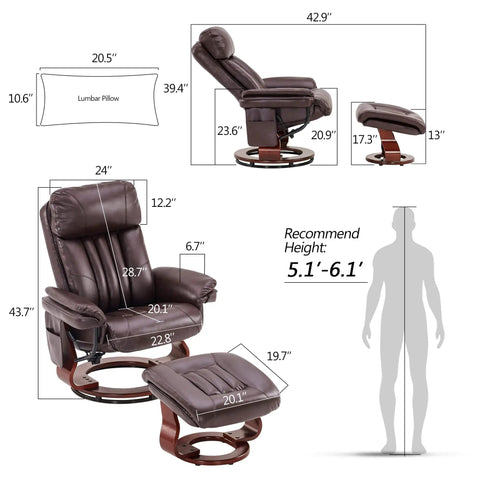 Swivel Recliner With Ottoman And Vibration Massage, Faux Leather TV Chair For Small Spaces, RV, Living Room Or Bedroom, Dark Brown, Ergonomic Back Support And Plush Headrest with dimensions and recommended height