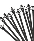 Heavy Duty Six Inch Nylon Cable Ties One Hundred Pack featuring self-locking fasteners arranged in a row for auto wiring.