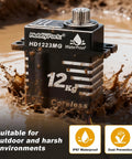 Waterproof Beefy 12kg High Torque TRX4M Servo with aluminum shell in muddy water, ideal for 1/18 crawler RC car upgrades.