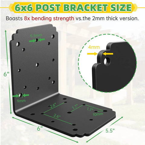 Heavy Duty L Bracket 6x6x5 90 Degree Pergola Bracket With Black Rustproof Coating For Carbon Steel, 4mm Thick, 500 LB Capacity