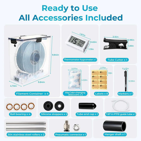 Image of Dual Outlet Filament Storage Box With Airtight Seal, Ball Bearing Spool Holder, accessories including hygrometer, tube cutter.