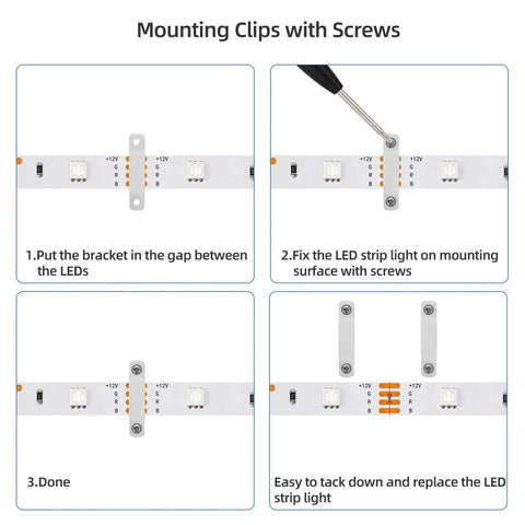 Easy Install 5050 RGB LED Strip Connector Kit With 4 Pin 10mm Connectors, Clips And Tools showing bracket use guide