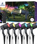 Smart Landscape Lighting Kit No-Fuss Six Pack Outdoor Spotlights with colorful LEDs and remote, IP65 waterproof, Alexa-ready.