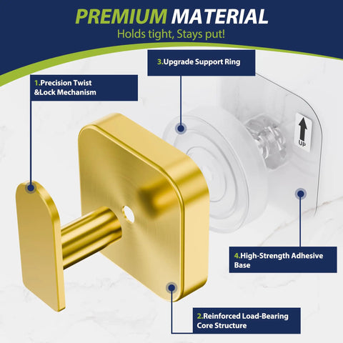 Heavy Duty Self Adhesive Wall Hooks Built Different, Stainless Steel Sticky Towel Holder With Knockout Grip For Bathroom Shower Or Kitchen, Hang Heavy Coats Without A Sweat, Gold Finish, 2 Pack - close-up of gold hook with twist lock mechanism.