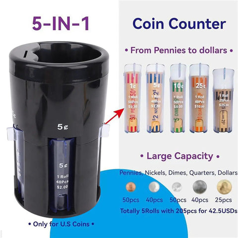 5 In 1 Coin Counter And Sorter With Coin Wrappers Compact Digital Coin Sorter Machine For Home Office And Store Empty Piggy Bank Jar No Fuss Sorting And Rolling For Quick Savings