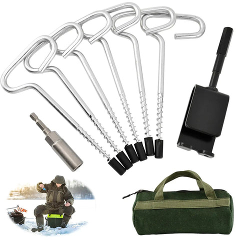 All In One Ice Anchor Tool Kit With Drill Adapter For Ice Fishing Stakes And Nails, Stainless Steel Auger Accessories Set