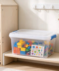 Heavy Duty 15 Quart Latching Storage Bin With Secure Lock Tight Lid And Crystal Clear Window for toy organization on a shelf.