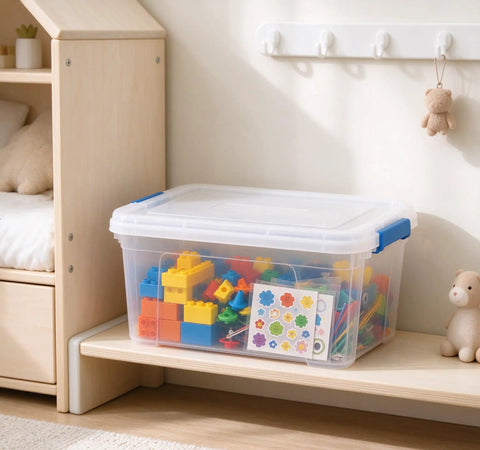 Heavy Duty 15 Quart Latching Storage Bin With Secure Lock Tight Lid And Crystal Clear Window for toy organization on a shelf.
