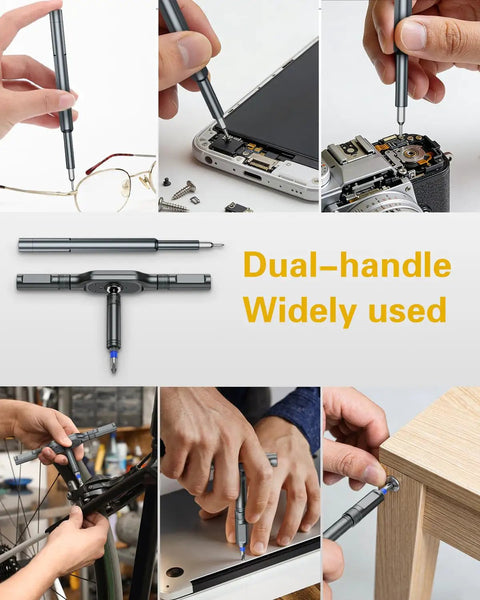 71-In-1 Magnetic Screwdriver Set With Ratcheting And Precision Bits used on glasses, phone, camera, bike, laptop, and furniture.