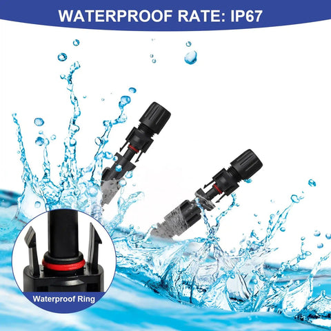 Waterproof connectors from Solar Crimping Tool Kit For Solar Panel Cables in splashing water, highlighting IP67 rating.