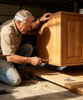 Man using a screwdriver on wooden cabinet with Heavy Duty Sliding Gate Rollers With Vertical Track Anti Sag Support Caster.