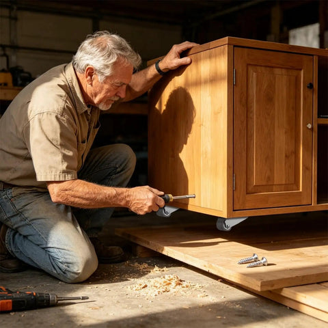 Man using a screwdriver on wooden cabinet with Heavy Duty Sliding Gate Rollers With Vertical Track Anti Sag Support Caster.