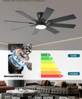 52 Inch Ceiling Fan With Light And Remote Control, 6 Speeds Reversible, Low Profile Flush Mount Ceiling Fan With 8 Blades, Quiet Operation For Bedroom, RGB Dimmable Light With Three Color Temperature Modes, App Control, Black over a modern living room.