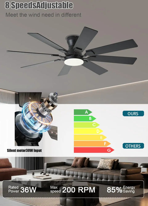 52 Inch Ceiling Fan With Light And Remote Control, 6 Speeds Reversible, Low Profile Flush Mount Ceiling Fan With 8 Blades, Quiet Operation For Bedroom, RGB Dimmable Light With Three Color Temperature Modes, App Control, Black over a modern living room.