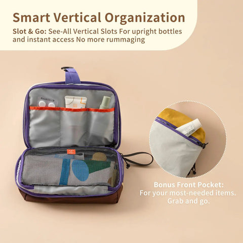 Open Water Resistant Travel Toiletry Bag With Hidden Carabiner Hook, showcasing vertical slots, organizer pockets, and mesh compartment.