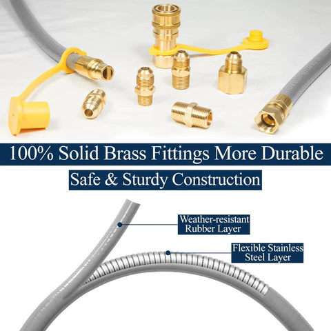Three Eighths Inch ID Natural Gas Hose With Quick Connect For Low Pressure Propane To Natural Gas Conversion Kit Twelve Foot brass fittings
