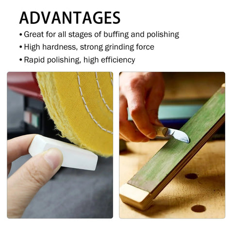 SCOTTCHEN mini buffing polishing compounds kit; white block near a yellow buffing wheel, and a hand scraping a green wood plank.