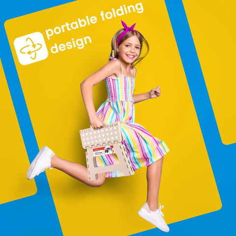Child holding lightweight 9 inch foldable step stool in khaki, showcasing portable folding design for kitchen and bathroom use.