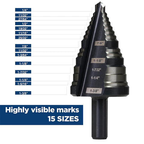 Pro Grade Heavy Duty M2 HSS Step Drill Bit Set For Metal Plastic Wood Aluminum From One Quarter Inch To One And Three Eighths Inch, 15 sizes.