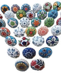 20 Piece Retro Look Flower Ceramic Cabinet Knob Set With Chrome Hardware For Cabinets And Drawers Hand Painted Multicolor Blue Creamy Red 42mm Diameter 30mm Bolt 30 To 55mm Knob Length displayed in a fan layout