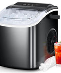 Black Portable Countertop Ice Maker With No Fuss Self Cleaning, Delivers 9 Bullet Ice Cubes In Just 6 Minutes shown with ice cubes
