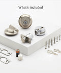 Worlds Smallest Smart Lock With Built In Matter And Bluetooth Hiding Tech Inside Your Door For Sleek Security No Brainer Works With Apple Home Google Home Alexa And SmartThings Satin Nickel Finish Easy iOS And Android App Control with installation components shown