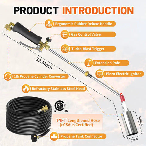 Propane Weed Torch With 14Ft Hose, High Output Blow Torch, features and measurements illustration.