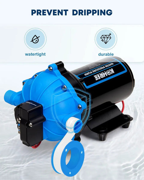 Close-up of Upgraded 2026 7.5 GPM 70 PSI 12V DC RV Water Pump with five chamber diaphragm on a white background.