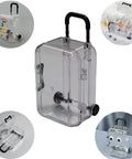 Front view of transparent plastic mini luggage storage box with wheels and a black handle