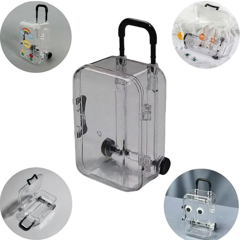 Front view of transparent plastic mini luggage storage box with wheels and a black handle