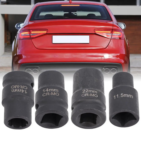 Pro Grade Brake Caliper Socket Set 4 Piece Kit For 1/2 Inch Drive with 11.5mm, 14mm, 20mm, 22mm sizes in front of red car