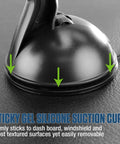 Universal Car Phone Mount Holder With Industrial Strength Sticky Gel Pad And Quick One Hand Release Cradle For Dashboard Windshield showing suction cup on textured surface.