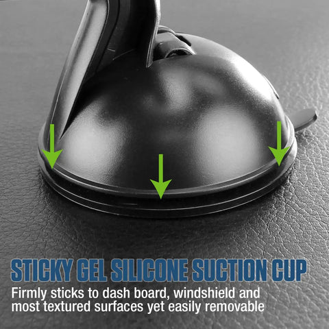 Universal Car Phone Mount Holder With Industrial Strength Sticky Gel Pad And Quick One Hand Release Cradle For Dashboard Windshield showing suction cup on textured surface.