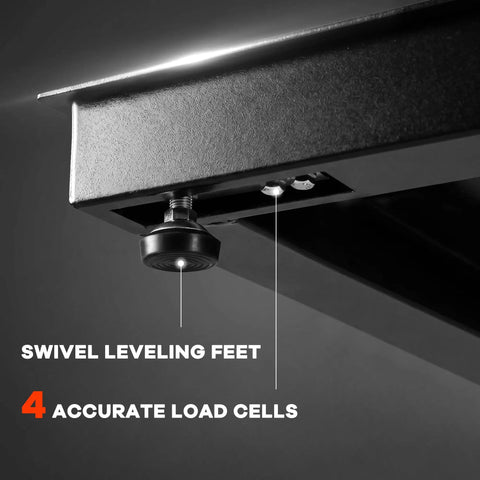 Swivel leveling feet and four accurate load cells on Tough As Nails Industrial Floor Scale for Warehouses.