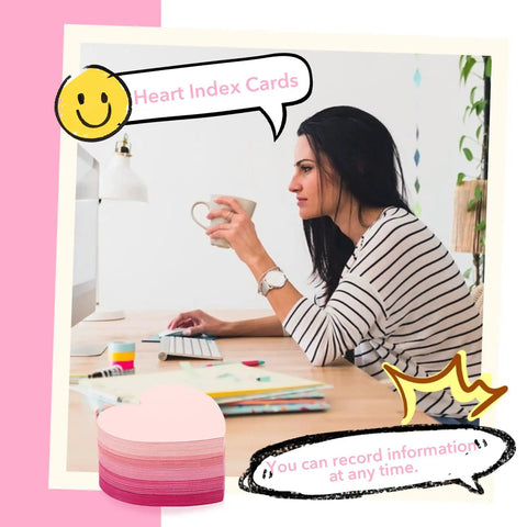 Pink Heart Index Cards Pack, 150 Count, 3x3 Inch Note Cards, woman working at desk for school, study, office, and games