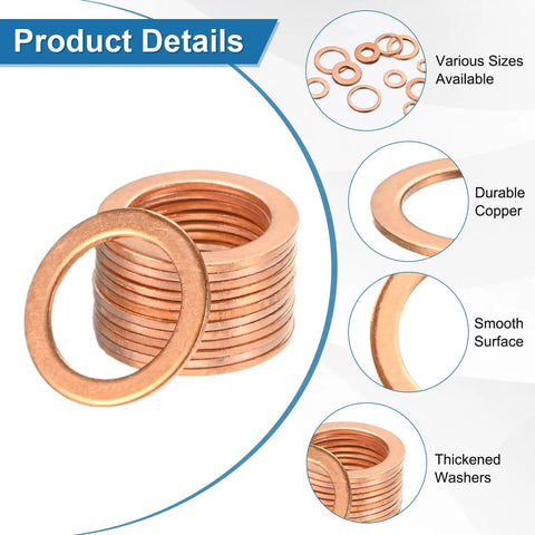 30 Pack Copper Crush Washers M14 Metric Sealing Rings showing durable copper material stacked for automotive oil pan and plumbing use.