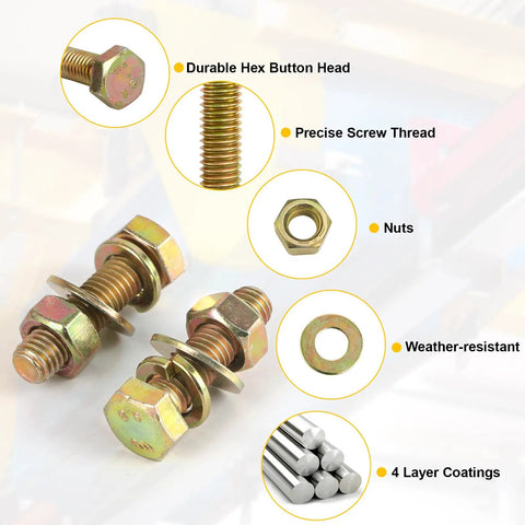 1012 Pieces Grade 8.8 Metric Bolts And Nuts Set, heavy duty hex bolts with yellow zinc plating, close-up of bolt assembly