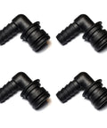 Detoria quad-port 90° elbow hose barb fittings, 3/8-inch hose, black plastic, set of four