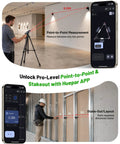 Heavy Duty Dual Laser Distance Meter Serving Up A Solid 395 Foot Range With Slick Phone App Sync And Quick USB C Charge For Contractors And DIY Crews Expecting Rock Solid Tool Performance All Day Long measuring point-to-point distance with smartphone app and tripod.