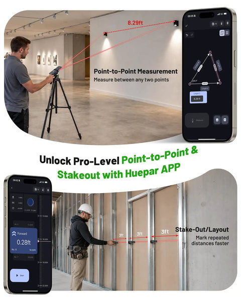 Heavy Duty Dual Laser Distance Meter Serving Up A Solid 395 Foot Range With Slick Phone App Sync And Quick USB C Charge For Contractors And DIY Crews Expecting Rock Solid Tool Performance All Day Long measuring point-to-point distance with smartphone app and tripod.